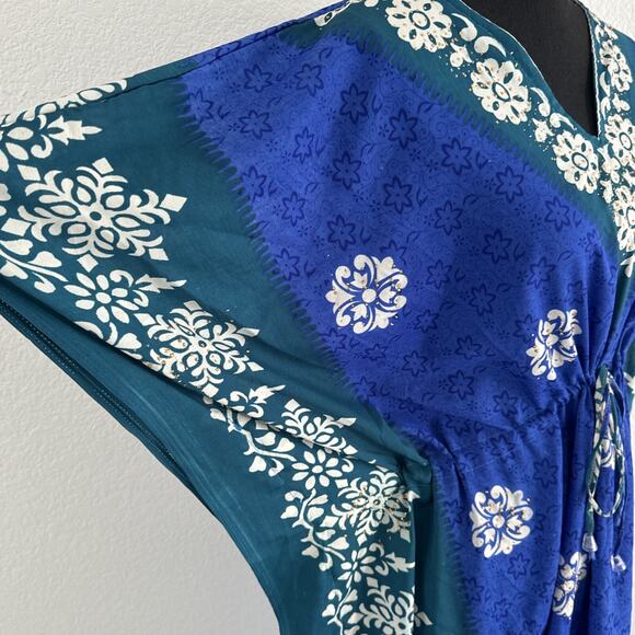 Kaftan Bell Pepper One Size Dress Blue Green Glitter Embellishments Floral Midi - Picture 3 of 16